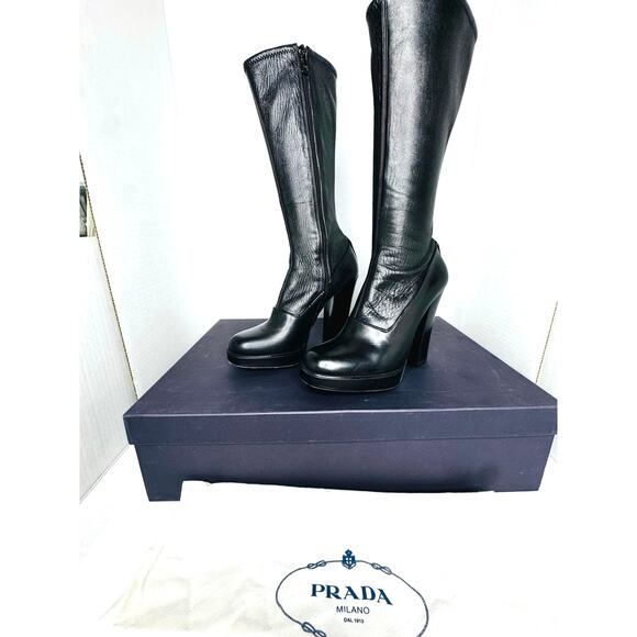 Prada Vintage Black Leather Sock Boots Size 38.5 High Block Heel Stretch Shaft - Picture 4 of 12